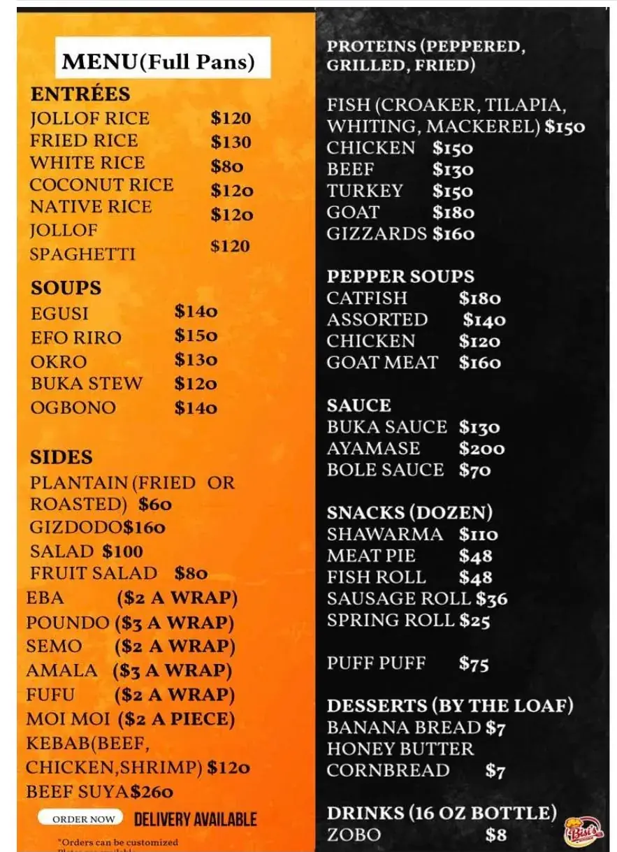 Menú de catering de Bisi's Kitchen con entradas, sopas, acompañantes, proteínas y postres en dos columnas.
