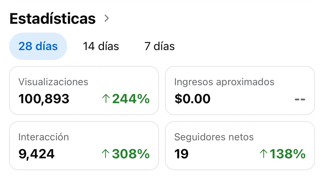 Panel de estadísticas de Meta mostrando 100,893 visualizaciones con 244 por ciento de aumento, 9,424 interacciones con 308 por ciento y 19 seguidores netos con 138 por ciento en 28 días.